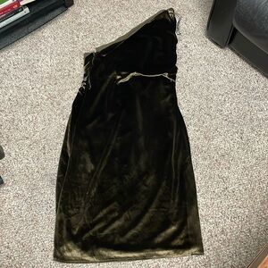 Reiss One Shoulder Velvet Dress in Dark Olive